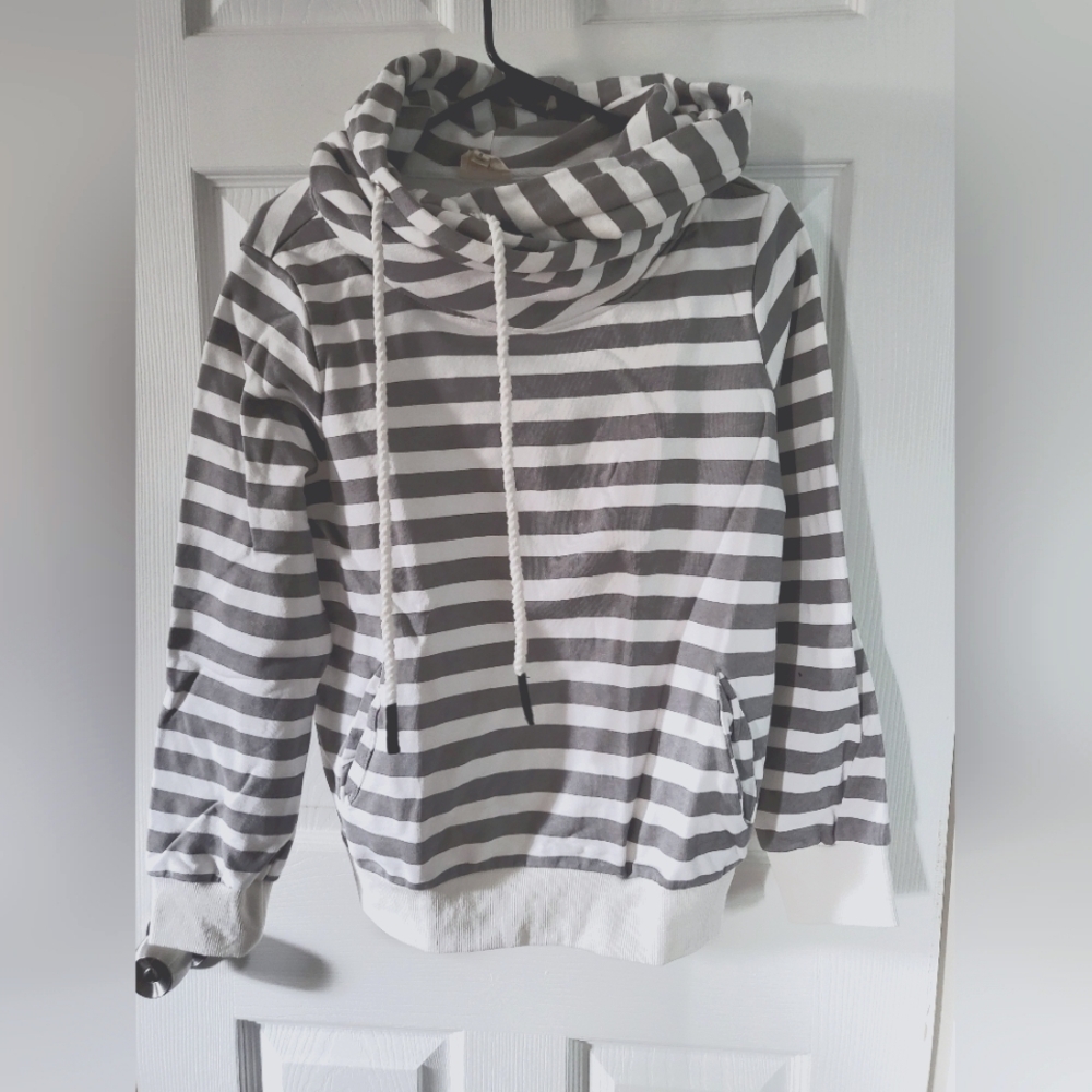 Gray and White stripe Hoodie